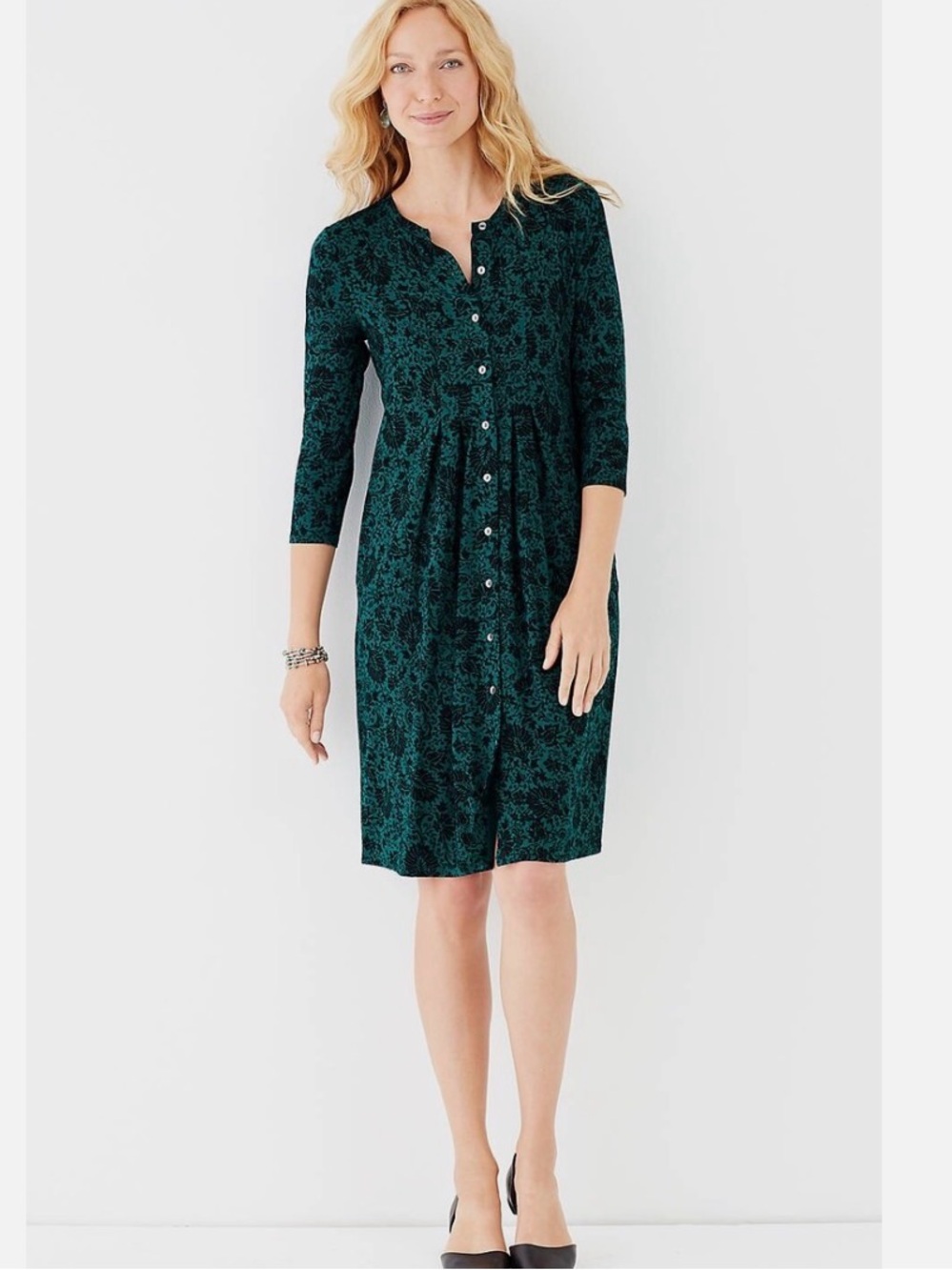 J. JILL Pleated Button Front Dress in Green and Black - Size Large